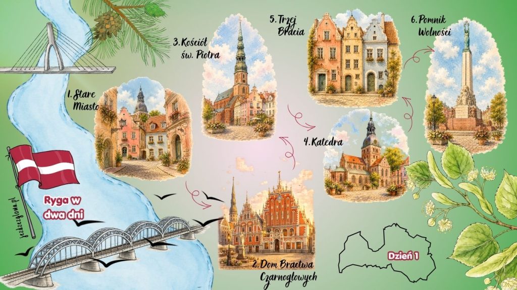 Ilustrowana mapa turystyczna przedstawiająca pierwszą część weekendowego planu zwiedzania Rygi z najważniejszymi atrakcjami.