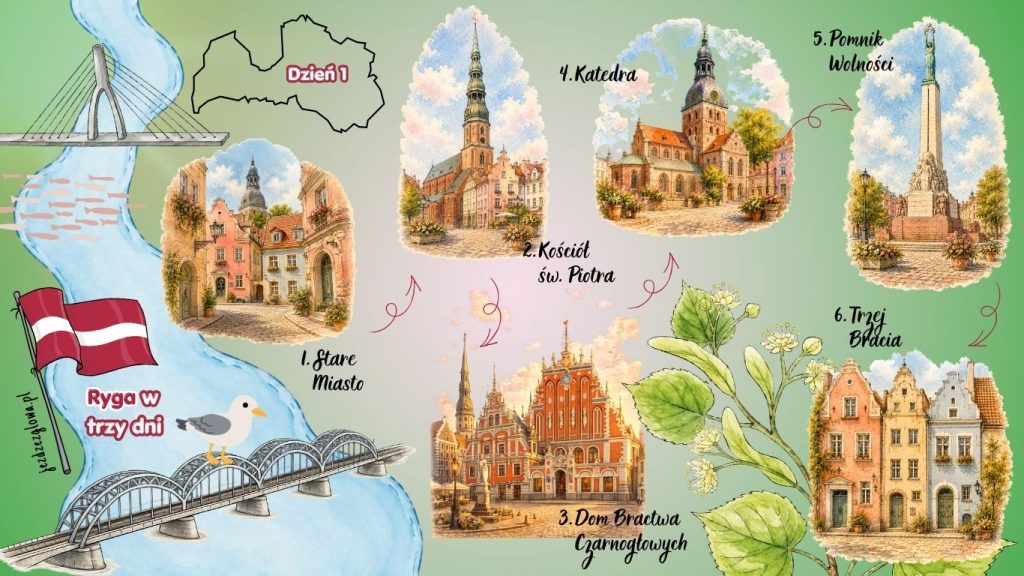 Ilustrowana mapa turystyczna przedstawiająca plan zwiedzania Rygi na pierwszy dzień trzydniowego pobytu.
