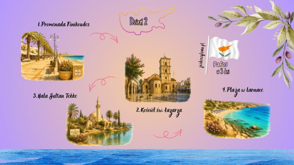 Ilustrowana mapa trasy zwiedzania Pafos w dzień drugi z trzech dni z zaznaczonymi atrakcjami