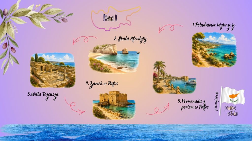 Ilustrowana mapa trasy zwiedzania Pafos w dzień pierwszy z trzech dni z zaznaczonymi atrakcjami