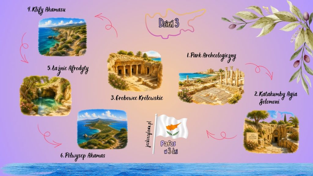 Ilustrowana mapa trasy zwiedzania Pafos w dzień trzeci z trzech dni z zaznaczonymi atrakcjami